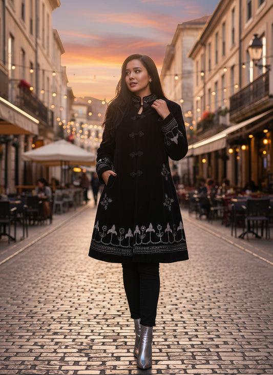 Black Cotton Velvet Embroidered Coat – Boho Elegance 3/4 Length