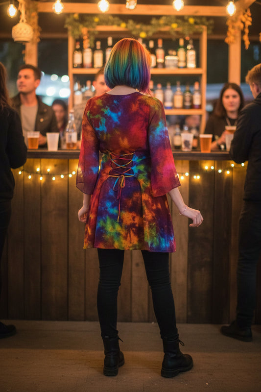 Rainbow Sandra Top – Cheesecloth-Lined Chiffon Tunic with Corset Tie-Back & Flowing Medieval Sleeves