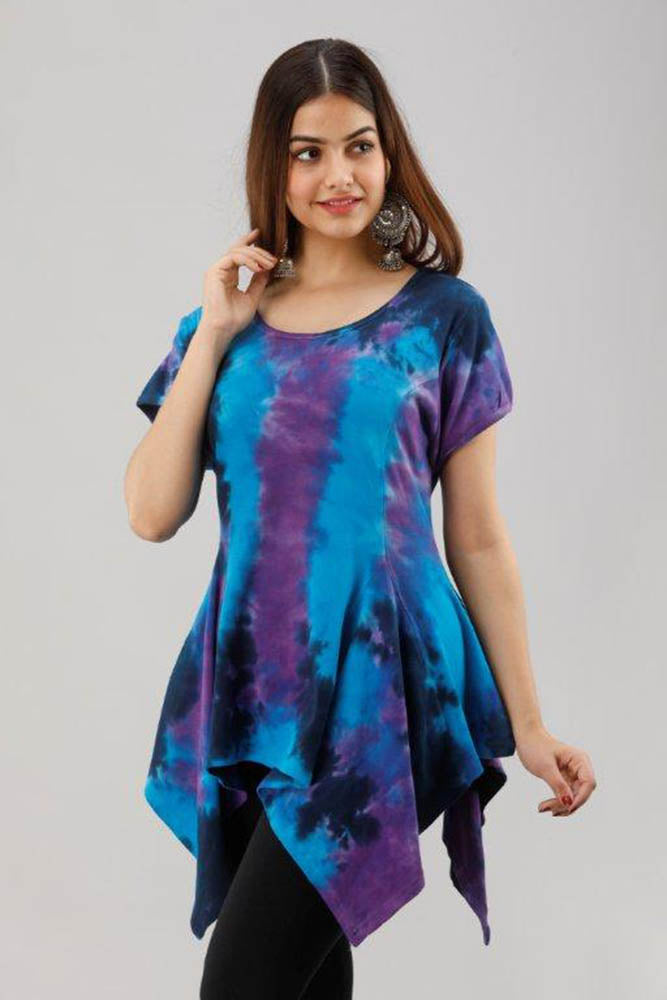 Jersey Cotton Handkerchief Hem Top Blue Multi