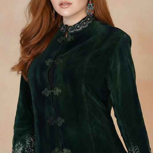 Emerald Forest Green Velvet Coat – Long Boho Luxe Embroidered Winter Coat