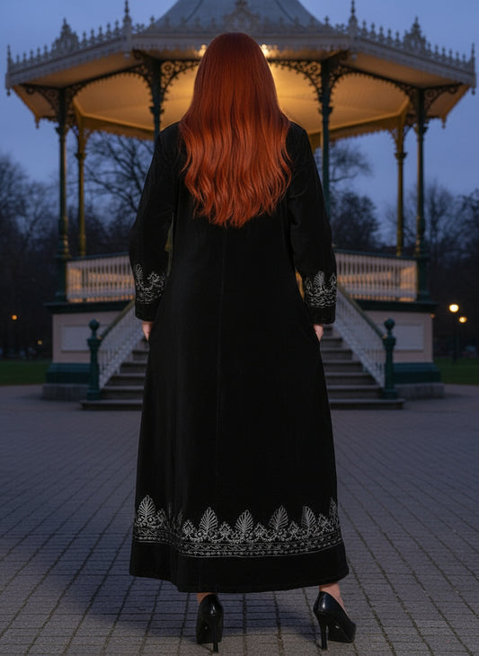 Elegant Black Embroidered Long Cotton Velvet Coat